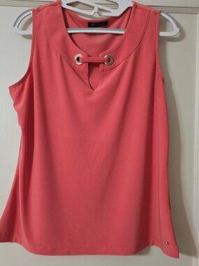 L Tommy Hilfiger Sleeveless Blouse Top Coral-peach Gold-tone Grommet Split Neck